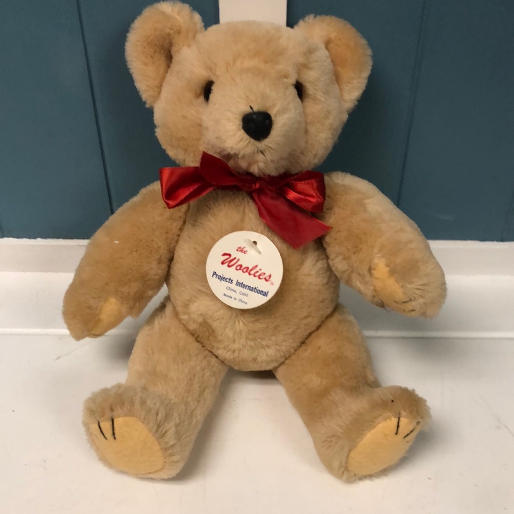 The Woolies pure wool vintage 13" Teddy Bear with opposable arms legs RARE w/tag